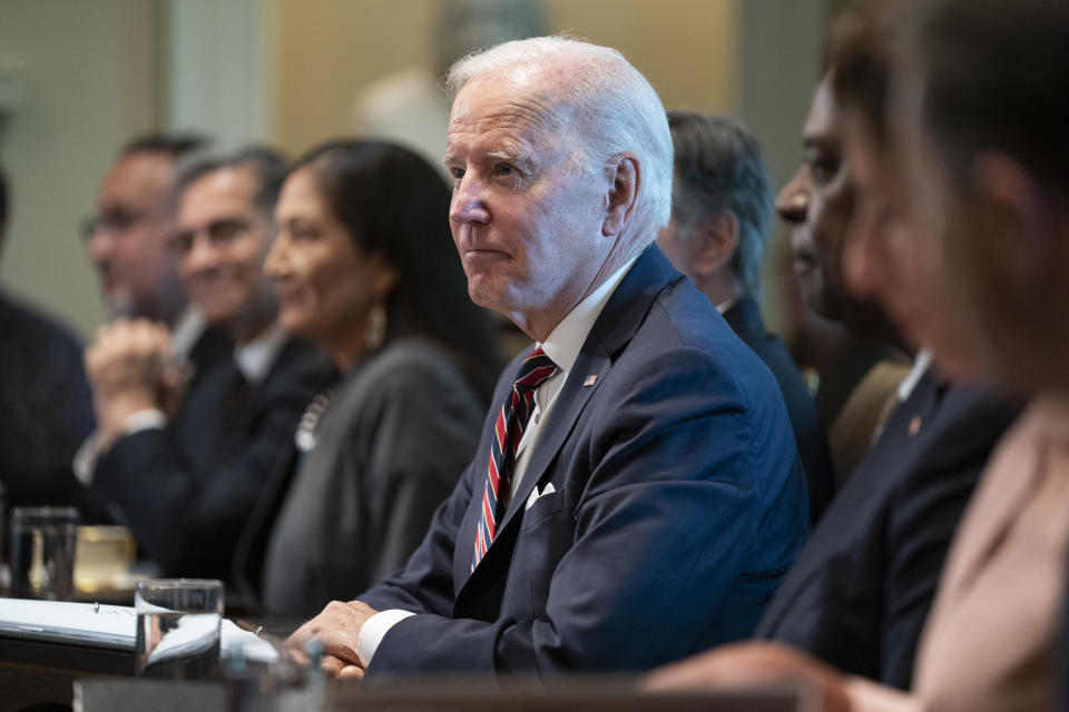 President Joe Biden listens to questions asked by reporters during a cabinet meeting at the White House, Tuesday, Sept. 6, 2022, in Washington. (AP Photo/Evan Vucci)