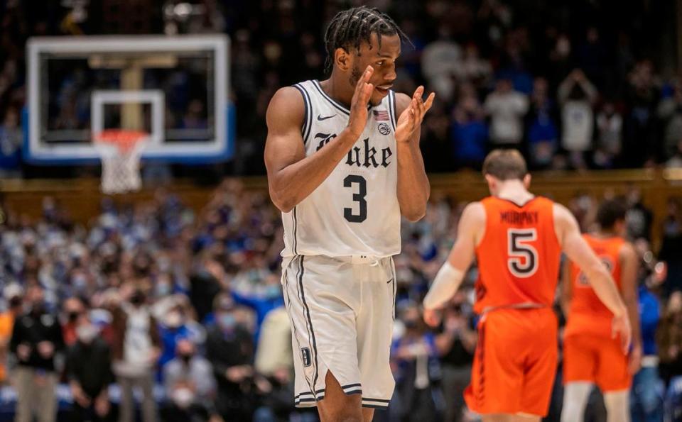 Duke’s Jeremy Roach (3) reacts as the Blue Devils run out the final seconds of the clock to secure a 76-65 victory over Virginia Tech on Wednesday, December 22, 2021 at Cameron Indoor Stadium in Durham, N.C.