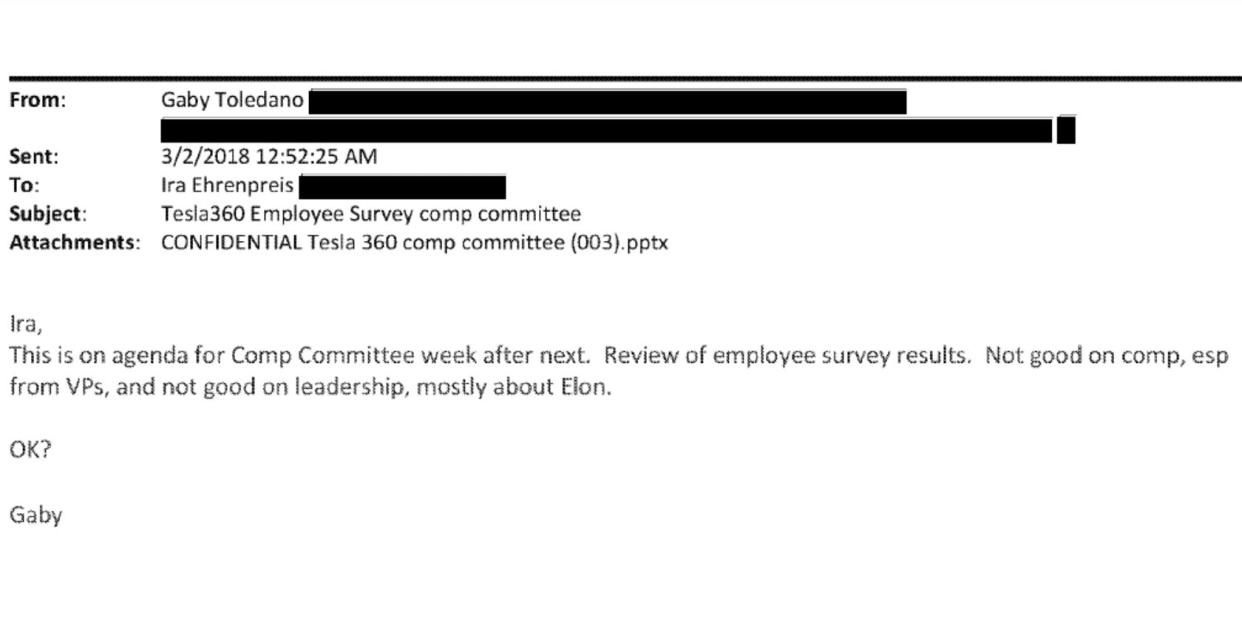A screenshot of discussion of Tesla's 2018 employee survey