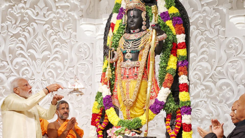 Indian Prime Minister Narendra Modi plays a leading role in the ceremony consecrating a statue of the god Ram. - Imtiyaz Khan/Anadolu/Getty Images