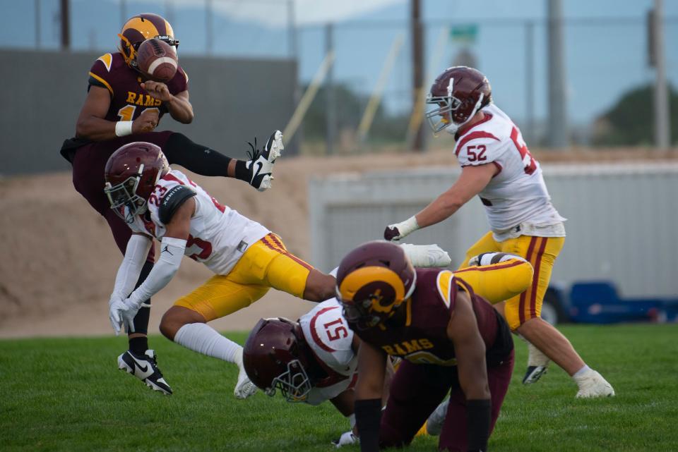 Victor Valley College’s Major Brown's punt is blocked by a Glendale College player during the first quarter on Saturday, Sept. 9 , 2023, at Jay Reed Field.