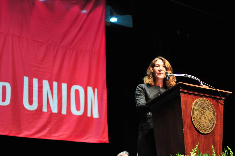 Lt. Gov. Karyn Polito, speaks before swearing in Taunton Mayor Shaunna O'Connell during the City of Taunton inauguration ceremony at Taunton High School on Jan. 3, 2022.