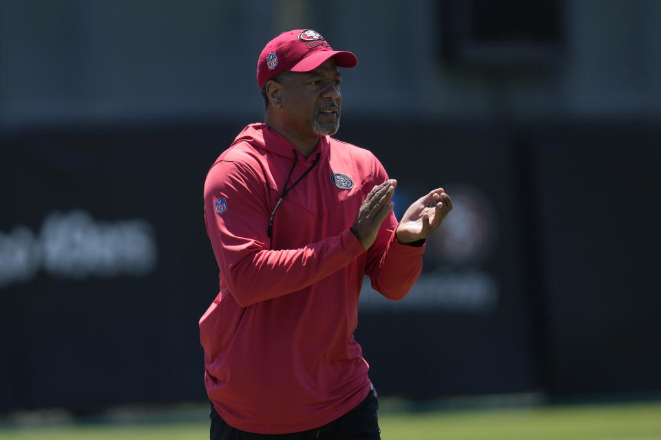San Francisco 49ers defensive coordinator Steve Wilks watches as players take part in an NFL football rookie minicamp session in Santa Clara, Calif., Friday, May 12, 2023. (AP Photo/Jeff Chiu)