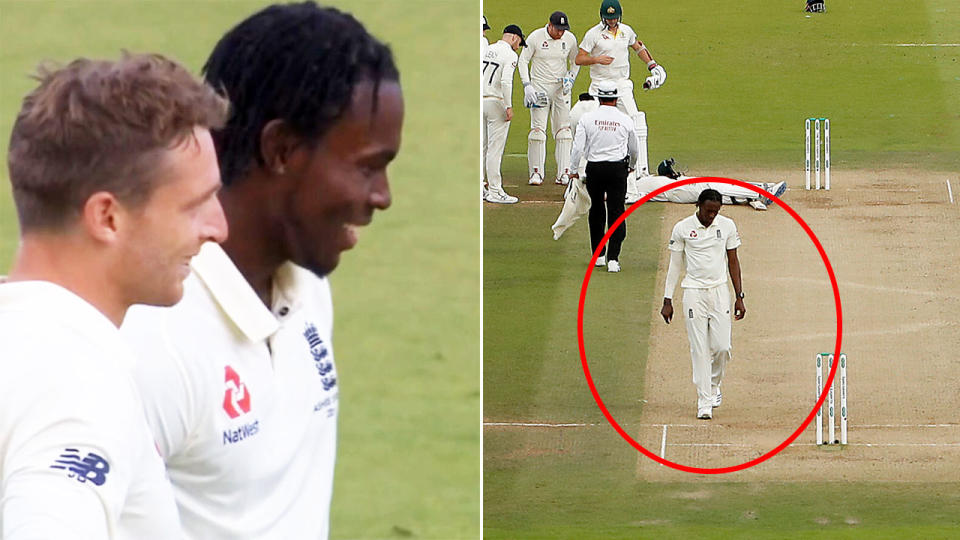 Jofra Archer was seen smiling after initially walking away from Steve Smith. Image: Channel Nine/Getty
