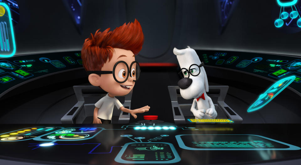 This image released by DreamWorks Animation shows Sherman, voiced by Max Charles, left, and Mr. Peabody, voiced by Ty Burell, in a scene from "Mr Peabody & Sherman." (AP Photo/ DreamWorks Animation)