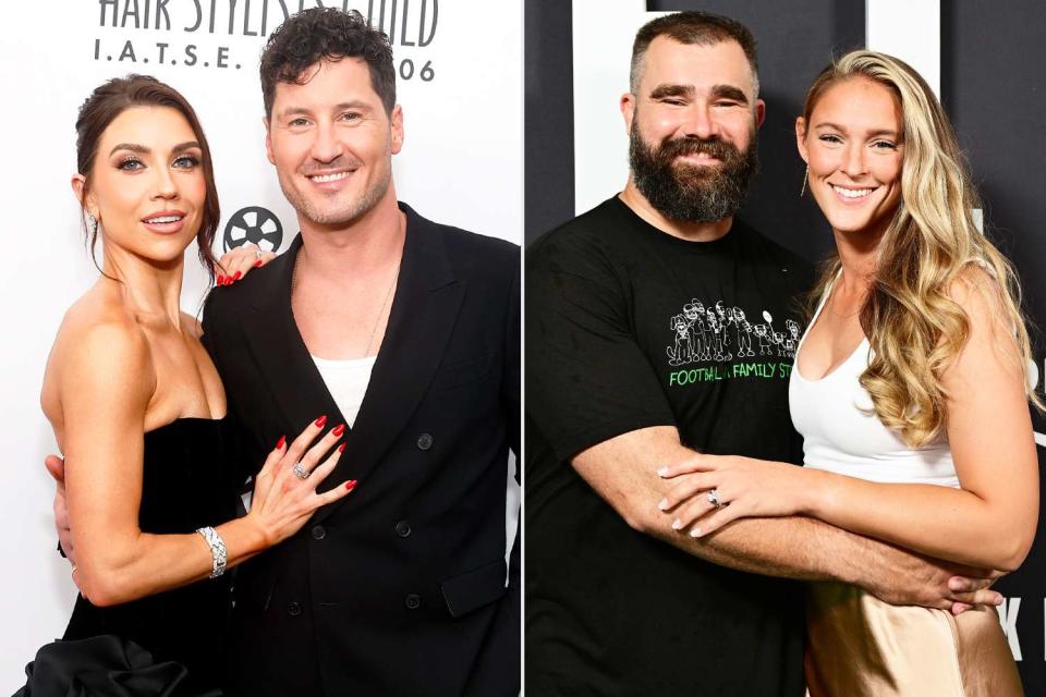 <p>Emma McIntyre/Getty; Lisa Lake/Getty Images for Prime Video</p> Jenna Johnson and Val Chmerkovskiy (left) and Jason Kelce and Kylie Kelce