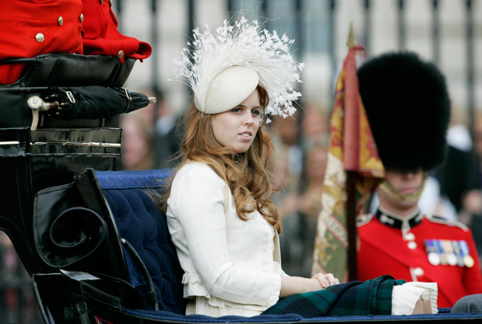 Princess Beatrice of York rides in the carriage procession at Trooping the Colour on June 16, 2007, in London.