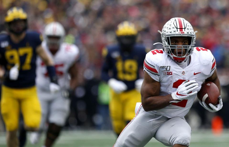 Ohio State Buckeyes running back JK Dobbins (2) runs the ball during the first quarter of a NCAA Division I college football game between the Michigan Wolverines and the Ohio State Buckeyes on Saturday, November 30, 2019 at Michigan Stadium in Ann Arbor Michigan [Joshua A. Bickel/Dispatch]