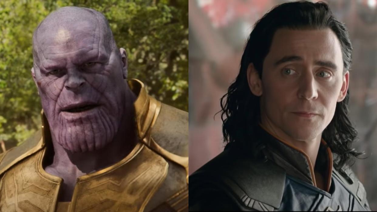  From left to right: Thanos looking stern in Avengers: Infinity War and Loki looking sympathetic in Thor: Ragnarok. 