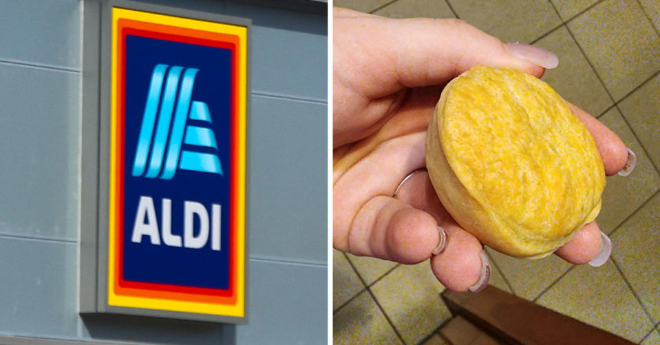 L: Aldi sign. R: Hand holding a party sized mince pie