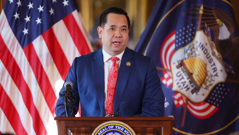 Utah Attorney General Sean Reyes speaks at a press conference in the Gold Room at the Capitol on Jan. 23, 2023.