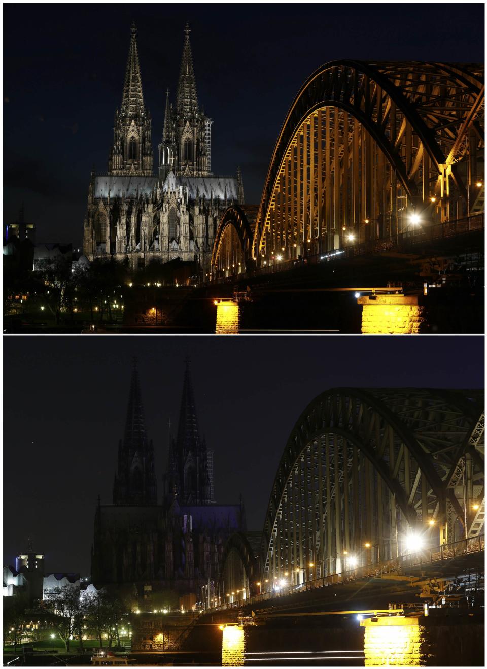 Combo picture shows the UNESCO World Heritage Cologne Cathedral and the Hohenzollern railway bridge along the river Rhine during and before Earth Hour