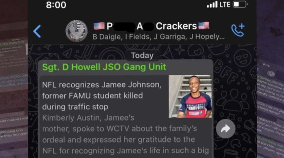 This Jacksonville Sheriff's Office gang unit group chat is titled "P--- A-- Crackers," with letters blacked out by First Coast News to not show the obscenity.