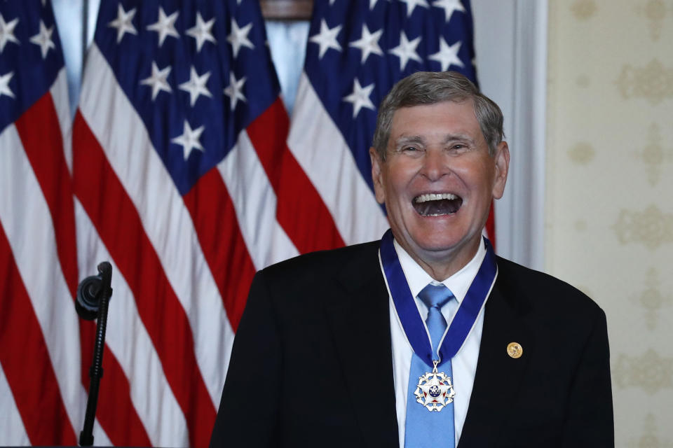 Jim Ryun reacts after President Donald Trump presented the Presidential Medal of Freedom to Ryun, in the Blue Room of the White House, Friday, July 24, 2020, in Washington. (AP Photo/Alex Brandon)