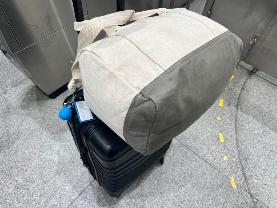 The luggage the author brought onboard, a white duffle and a black suitcase.