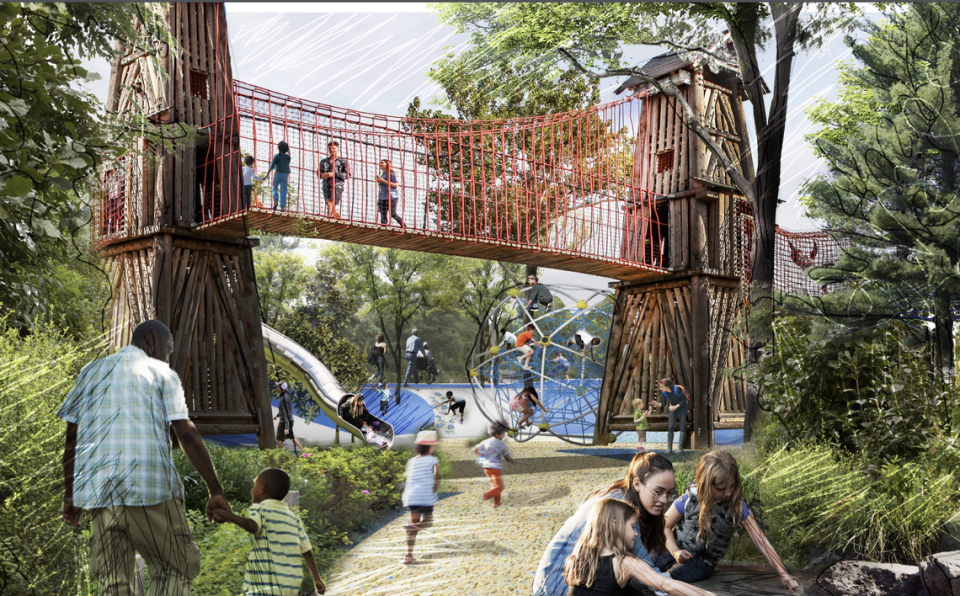 A rendering of a proposed playground at the Plaza and Play area of Dix Park.
