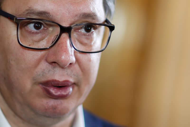 Serbian President Aleksandar Vucic during an interview with Reuters in Paris