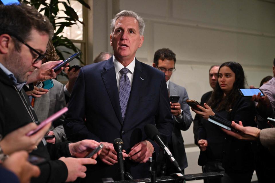 Former US House Speaker Kevin McCarthy, Republican of California, speaks to reporters leadership meeting at the US Capitol in Washington, DC, on October 20, 2023.