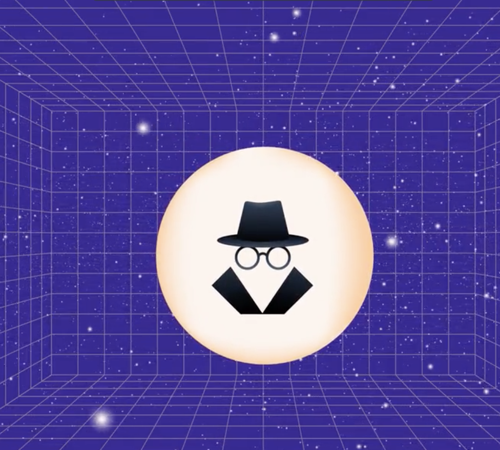 Figure wearing glasses and a top hat inside of a ball inside of a square space
