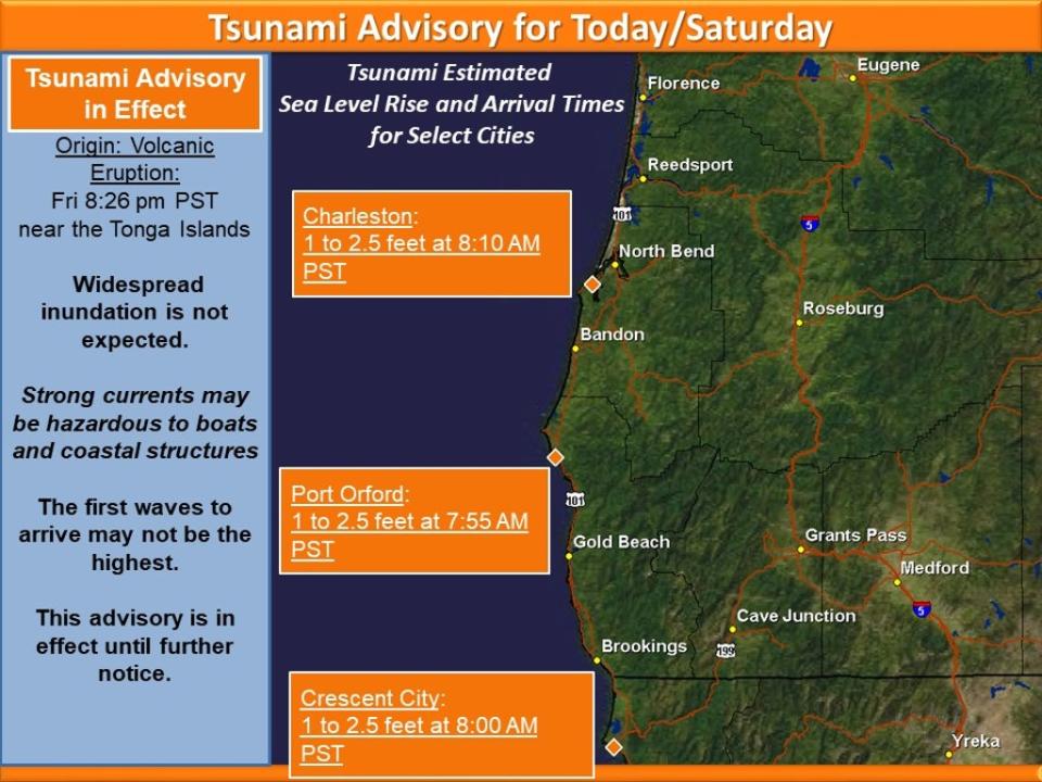 A tsunami advisory has been issued across the US west coast following the volcanic eruption just off Tonga (NWS)
