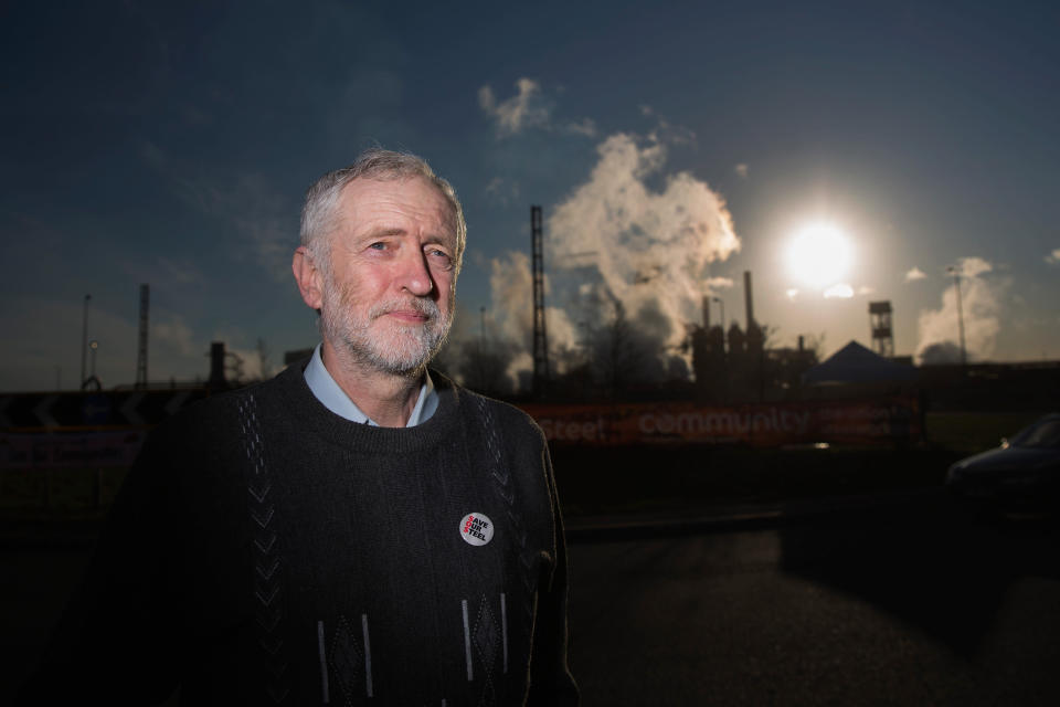 PORT TALBOT, WALES - MARCH 30:  Labour leader Jeremy Corbyn poses for the media outside the Tata Steel plant on March 30, 2016 in Port Talbot, Wales. Indian owners Tata Steel  put its British business up for sale yesterday, placing thousands of jobs at risk and hitting the already floundering UK steel industry.  (Photo by Christopher Furlong/Getty Images)
