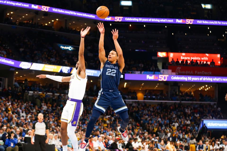 Grizzlies' Desmond Bane (22) shoots the ball during Game 1 between the Memphis Grizzlies and LA Lakers in their first round NBA playoffs series on April 16, 2023 at FedExForum. 