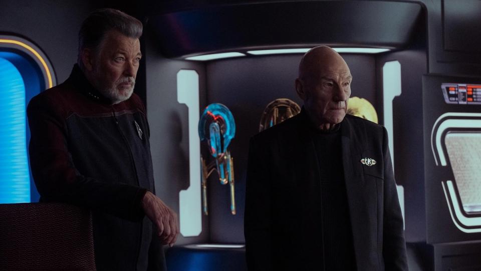 William T. Riker (Jonathan Frakes) and Picard (Patrick Stewart) in Picard season 3.