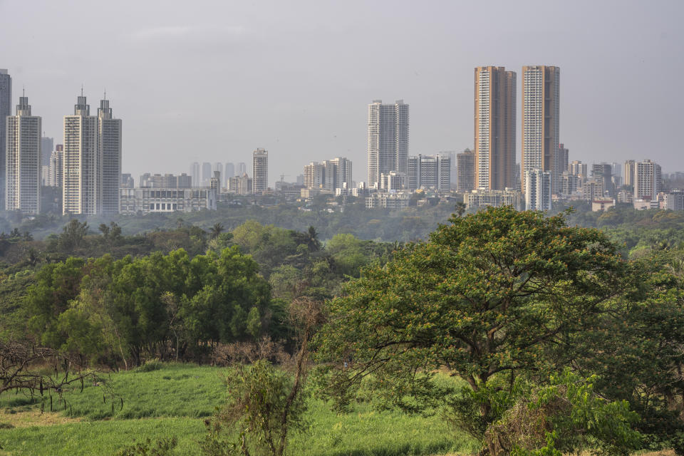 The Mumbai skyline is seen from Aarey Colony, which borders the south end of Sanjay Gandhi National Park, in Mumbai, India, Tuesday, April 5, 2022. Los Angeles and Mumbai, India are the world’s only megacities of 10 million-plus where large felines breed, hunt and maintain territory within urban boundaries. Long-term studies in both cities have examined how the big cats prowl through their urban jungles, and how people can best live alongside them. (AP Photo/Rafiq Maqbool)