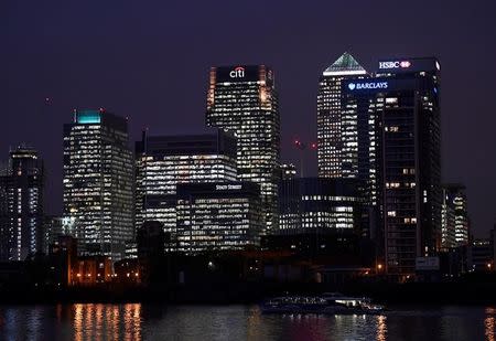 FILE PHOTO - Office blocks of Citi, Barclays, and HSBC banks are seen at dusk in the Canary Wharf financial district in London, Britain November 16, 2017. REUTERS/Toby Melville