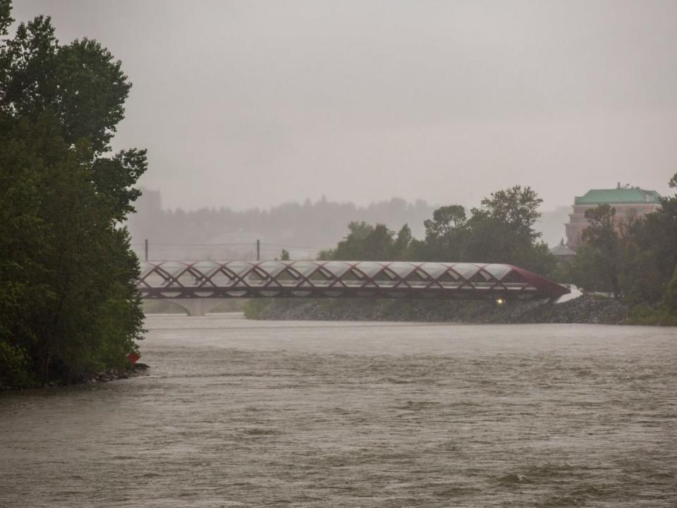 The Bow River near the Peace Bridge, where flood prevention measures are being undertaken due to heavy rain. (Oseremen Irete/CBC - image credit)