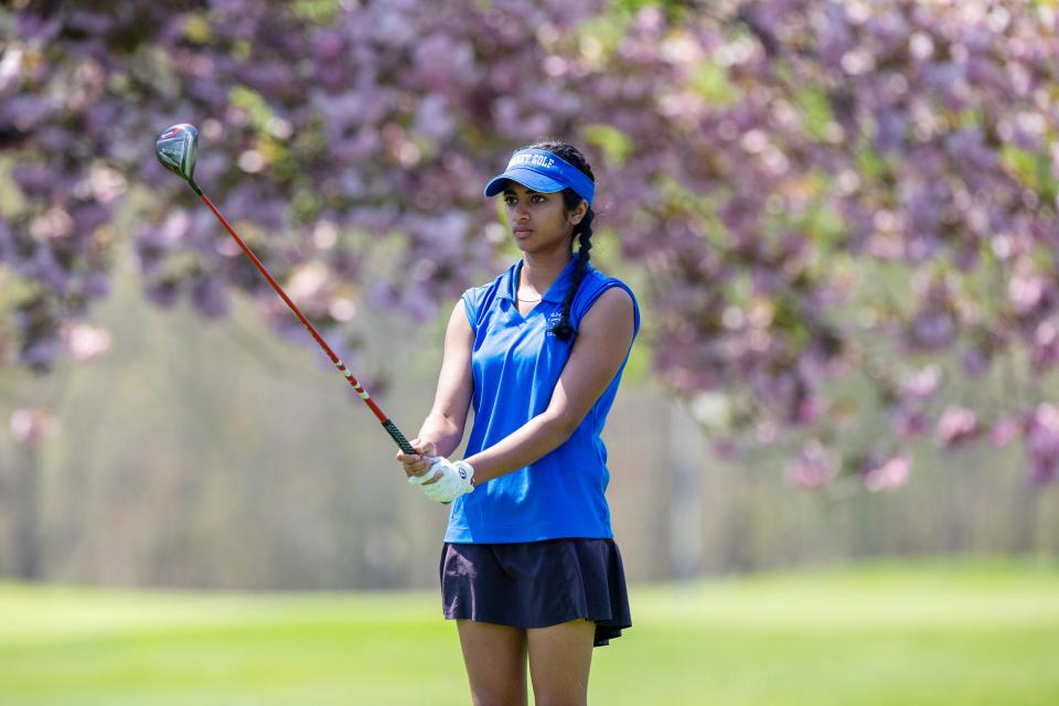 Holmdel's Sirina Ganne competes during the Girls Varsity Shore Conference Tournament at Jumping Brook Country Club in Neptune, NJ Monday, April 29, 2024.