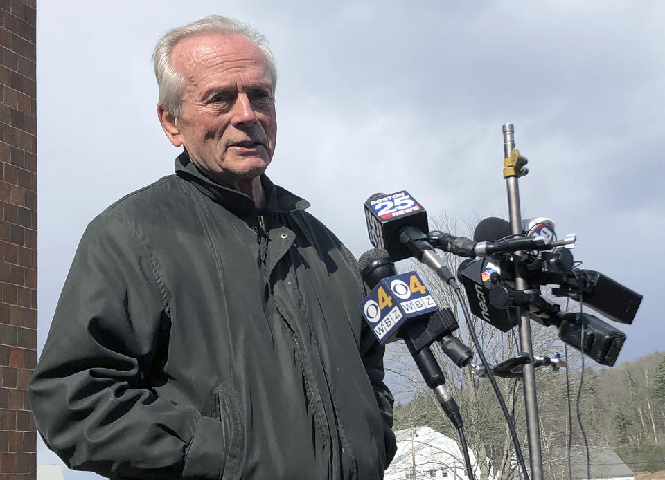 Fred Murray speaks to reporters in Haverhill, N.H., on Wednesday, April 3, 2019, after authorities said searching a home and digging up a basement revealed no evidence tied to the disappearance of his daughter, Maura Murray, in 2004. Maura Murray, a college student at the time, was last seen after crashing her car in Haverhill. (AP Photo/Holly Ramer)