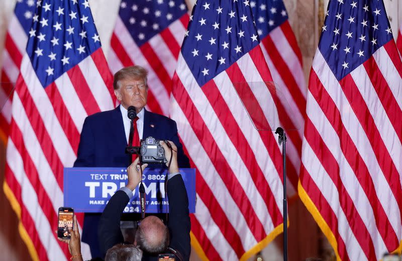 Former U.S. President Donald Trump makes an announcement at his Mar-a-Lago estate in Palm Beach