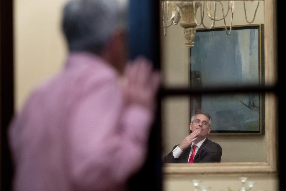 Incumbent Georgia Secretary of State Brad Raffensperger waits for returns to come in during an election night party Tuesday evening, May 24, 2022 at a small restaurant in Peachtree Corners, Ga. (AP Photo/Ben Gray)