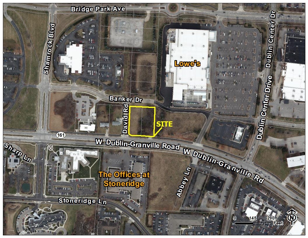 This map shows the site of a proposed 2-story, 14,600-square-foot multitenant office and commercial building on the north side of West Dublin-Granville Road in Dublin.