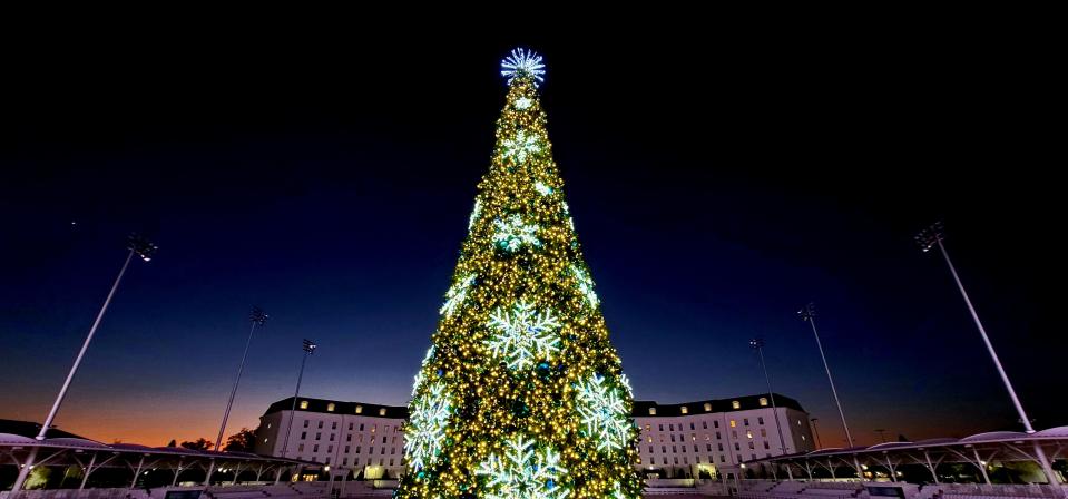 The World Equestrian Center's 40-foot-tall tree is shown in preparation for WEC's monthlong Winter Wonderland festivities, which feature photos with Santa, live reindeer, ice skating and more activities.