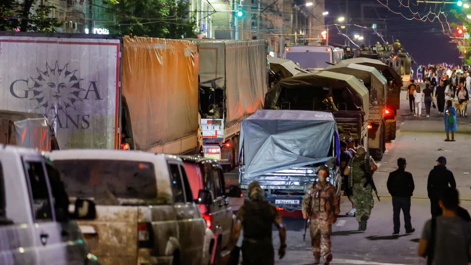 Wagner fighters leave the military headquarters they had briefly occupied in Rostov-on-Don, Russia, on June 24. - Alexander Ermochenko/Reuters