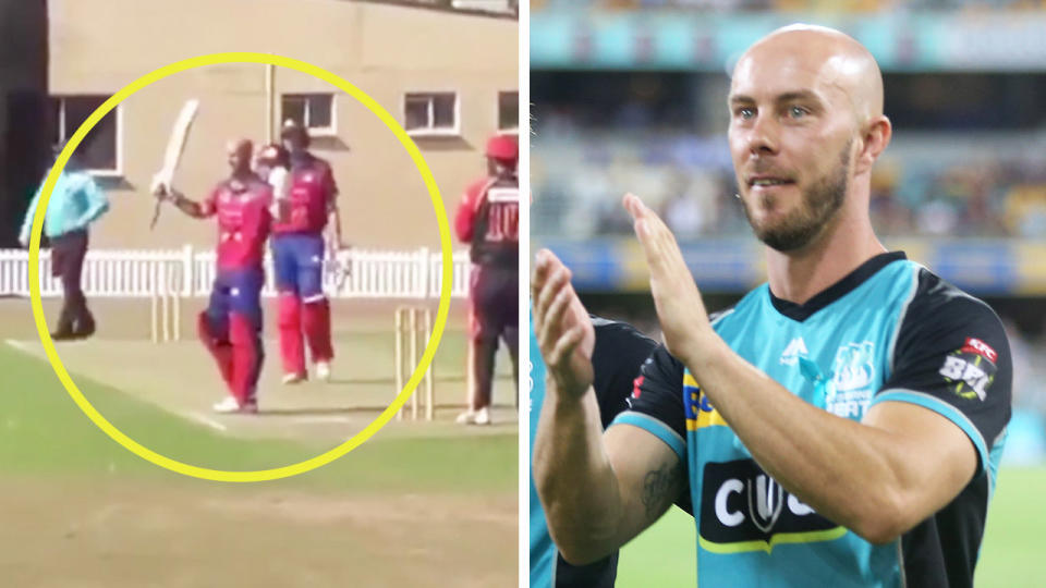 Chris Lynn (pictured left) raising his bat after a century in the state's premier T20 comp and him applauding at a Brisbane Heat match (pictured right).