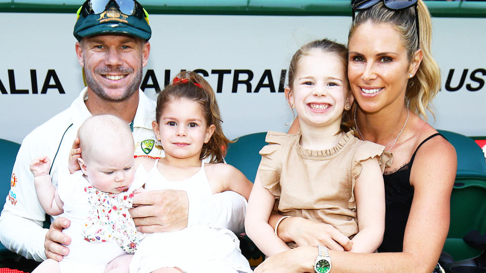 David Warner, pictured here with wife Candice and their daughters after a Test match against New Zealand in 2019. 