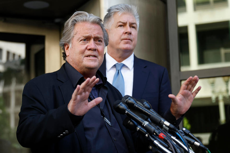 Steve Bannon, former adviser to Donald Trump, center, speaks to members of the media outside federal court in Washington, D.C., US, on Tuesday, July 19, 2022.  / Credit: Ting Shen/Bloomberg via Getty Images