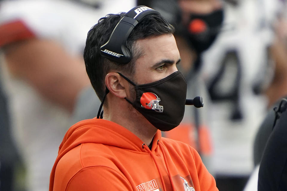 Cleveland Browns head coach Kevin Stefanski looks on from the sidelines during an NFL football game against the Pittsburgh Steelers, Sunday, Oct. 18, 2020, in Pittsburgh. Positive COVID-19 tests have knocked Stefanski out of Cleveland's wild-card game at Pittsburgh on Sunday night — the Browns' first playoff appearance since the 2002 season. (AP Photo/Justin Berl, File)