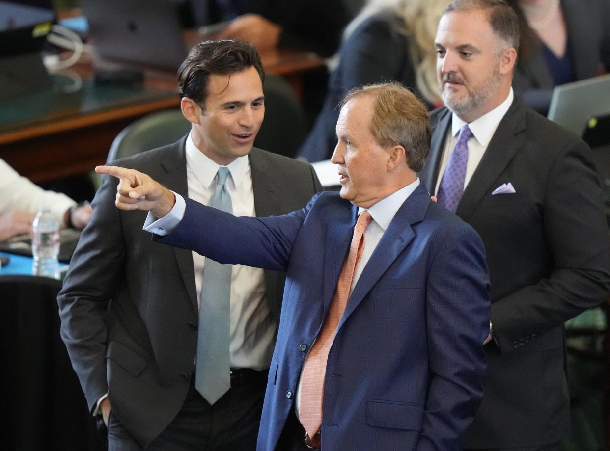 Texas Attorney General Ken Paxton, shown at the Sept. 5 opening of his Senate impeachment trial, says he will file criminal complaints against the Texas House impeachment managers for releasing trial evidence that included his personal information.