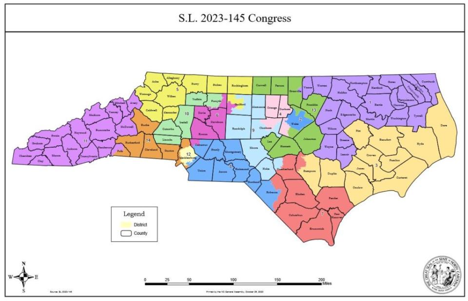 a map shows North Carolina's 14 congressional districts