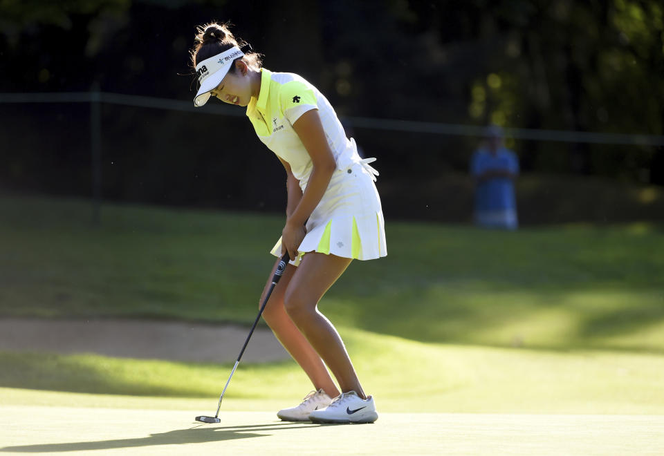 Yealimi Noh reacts to missing a putt on the 17th hole during the final round of the LPGA Cambia Portland Classic golf tournament in Portland, Ore., Sunday, Sept. 1, 2019. (AP Photo/Steve Dykes)