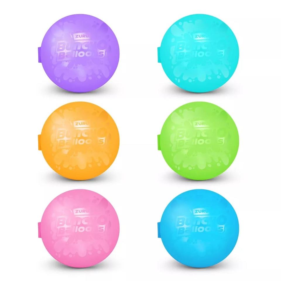 Six Zuru Bunch O Balloons water balloon packs: purple, blue, orange, green, pink, and turquoise