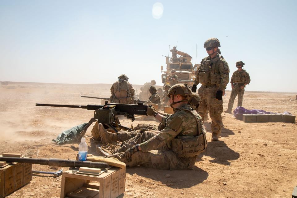 US Army Soldiers, assigned to 37th Infantry Brigade Combat Team Combined Joint Task Force – Operation Inherent Resolve, conduct a live-fire exercise at Al Asad Air Base, Iraq, June 1, 2023.