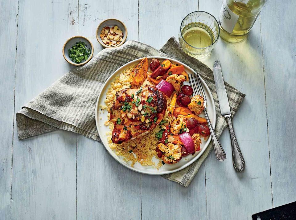 Sweet-and-Spicy Sheet Pan Chicken with Cauliflower and Carrots