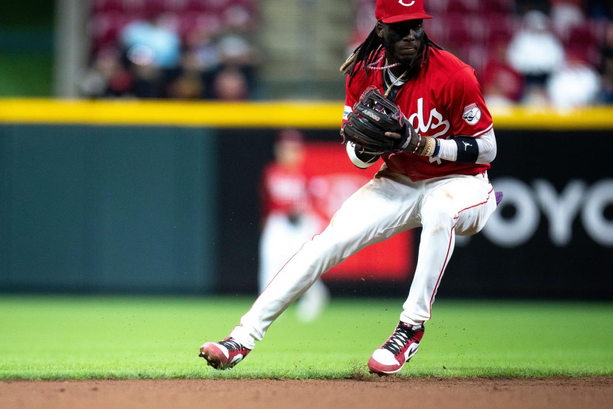 Shortstop Elly De La Cruz  fields a ground ball against the Phillies last week. De La Cruz has cleaned up his defense and hasn't committed an error in his past 16 games.