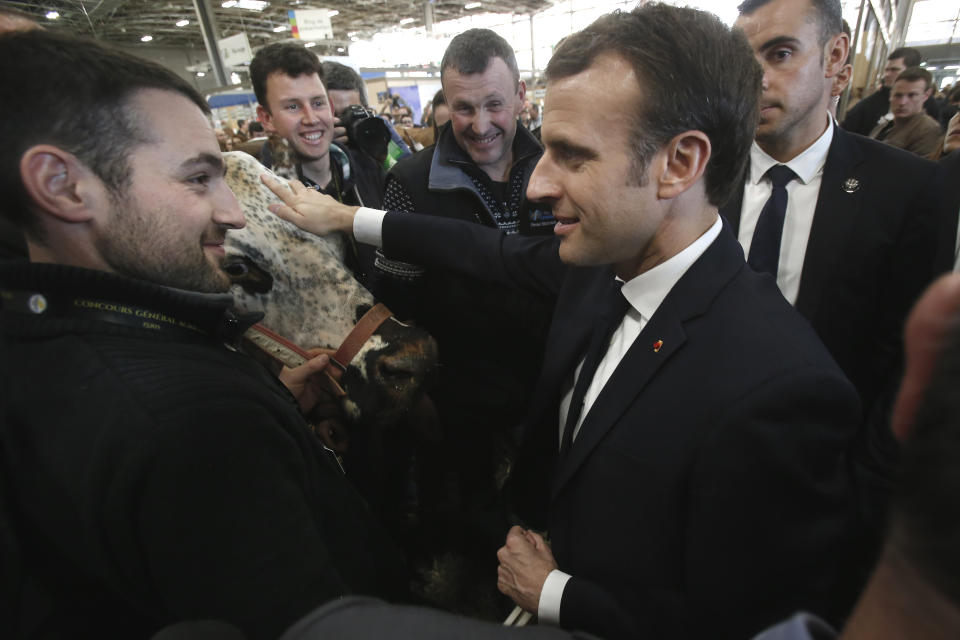 French President Emmanuel Macron stokes a cow as he discusses with farmers while visiting the International Agriculture Fair in Paris, France, Saturday, Feb. 23, 2019. Macron pledged Saturday to protect European farming standards and culinary traditions threatened by aggressive foreign trade practices that see food as a "product like any other." (AP Photo/Michel Euler, Pool)