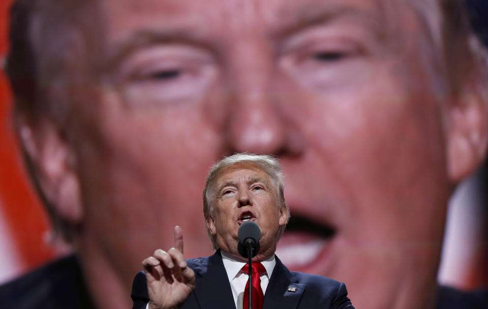 FILE - In this July 21, 2016, file photo, Republican Presidential Candidate Donald Trump, speaks during the final day of the Republican National Convention in Cleveland. (AP Photo/Carolyn Kaster, File)